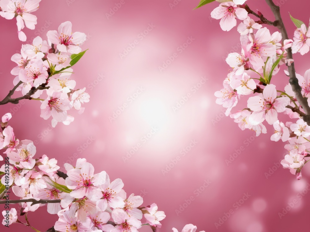 Poster beautiful pink cherry blossom branches frame a soft abstract background with a warm glow in springti