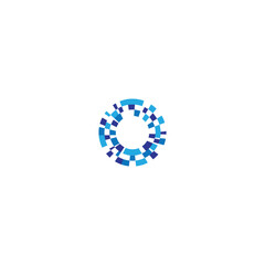 Abstract circular digital logo made of fragmented squares in blue gradients, resembling a loading animation or data flow. Perfect for IT companies, cloud technology, data science, analytics, automatio