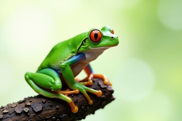 Green tree frog, perched on white, vibrant color , tropical, reptile