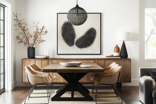 Modern dining room with wooden table, black chairs, and abstract art
