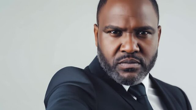 Professional african american businessman aggressively pointing finger in confrontational corporate workplace gesture against neutral white background