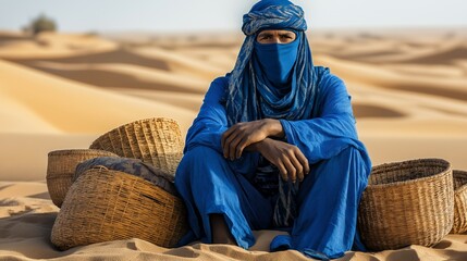 Bedouin in traditional blue robe with face covering sitting in desert sand beside woven wicker baskets