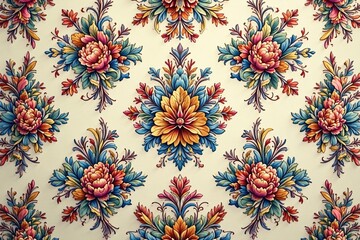 Intricate floral damask pattern in muted tones, fabric, leaves