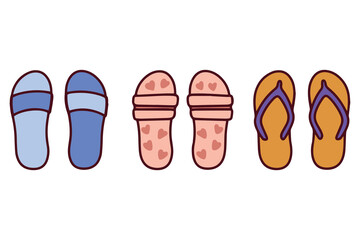 Various colorful flip flops and sandals for summer wear, arranged in a row and designed for beach or vacation use