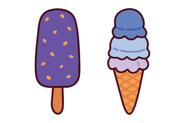 Two ice cream cones with colorful scoops and chocolate topping, representing delicious summer treats and desserts