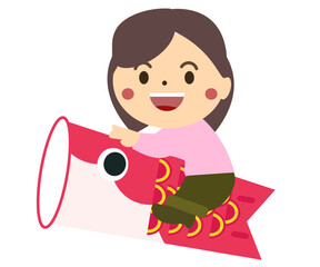 こどもの日の鯉のぼりと女の子。ベクターイラスト	
