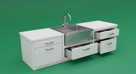 Fototapeta premium Clean kitchen sink with silver faucet and white cabinet drawers slightly open revealing storage space on a solid green background in a studio setting
