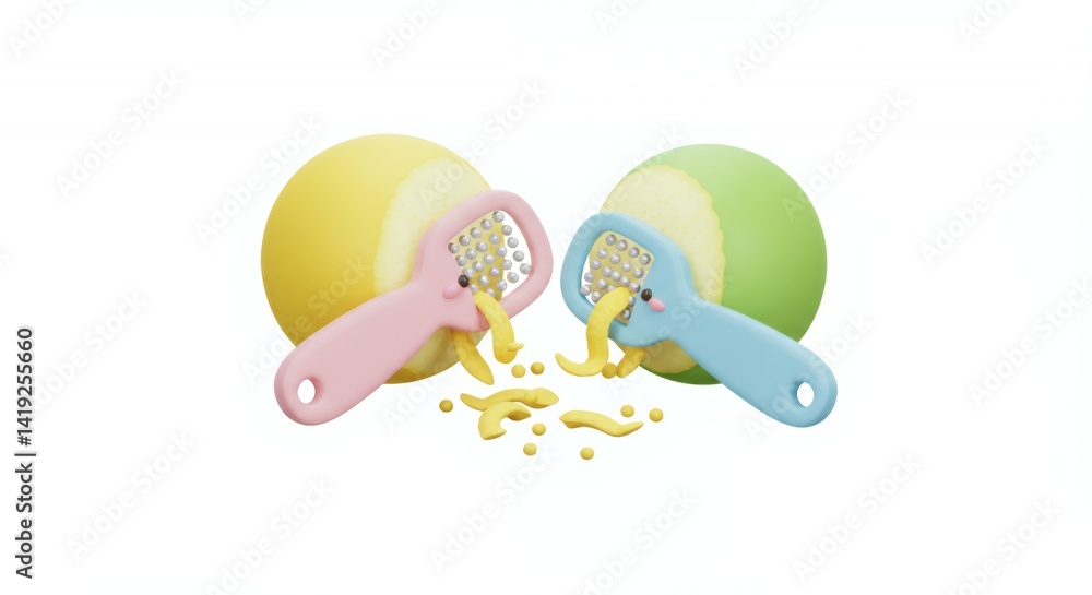 Poster pastel kawaii zesting tools zesting citrus fruits 3d rendering isometric view