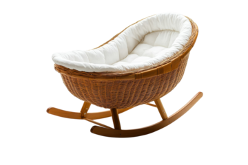 Cradle of dreams A handcrafted wicker rocking bassinet with soft white padding showcased on transparent background