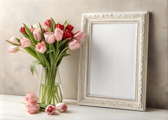 Pink and red tulip flower bouquet in a vase with a white frame on background, ideal for Mothers Day, birthday, wedding card or rose floral border design.