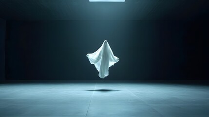 Haunting Ethereal Ceremonial Dress Floating in Mystical Supernatural Ambiance   An eerie ghostly apparition of a ceremonial dress suspended in mid air as if an invisible spirit is wearing it