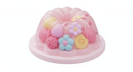 Pastel Pink Gelatin Dessert with Fruit and Flower Decorations 3D Render