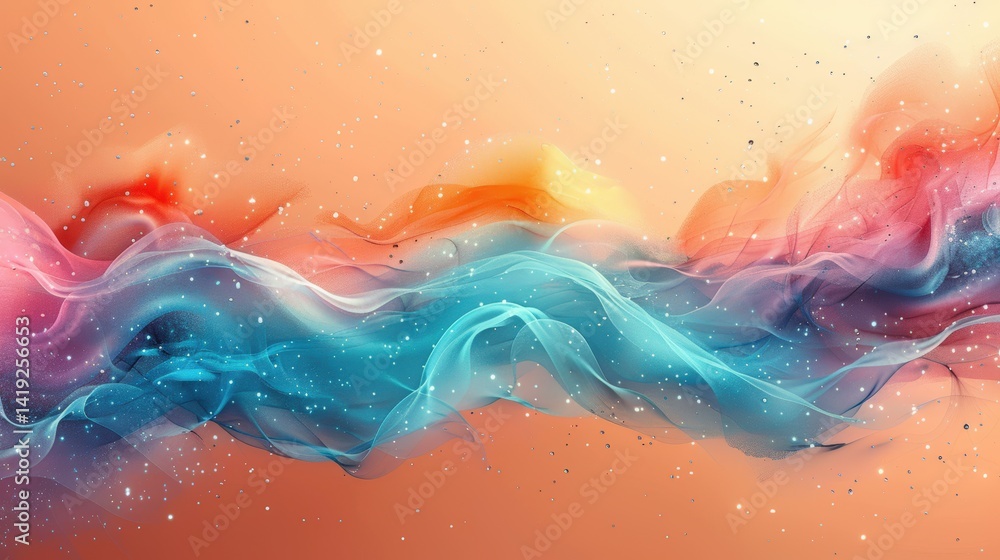 Poster abstract fluid art with sparkling particles and dreamy color gradients