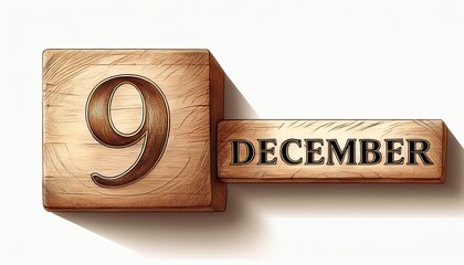 Illustration of wooden blocks with date 9 December. Day and month, simple calendar