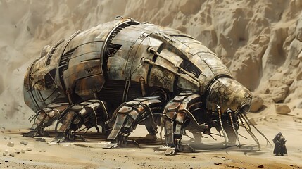 Obraz premium Futuristic Mechanical Beetle in Desert Environment with Dusty Landscape and Solitary Figure