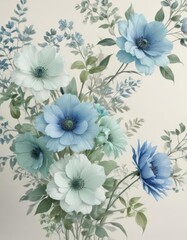 Subtle watercolor flowers in blue and green hues on a creamy white background , fabric design, subtle details