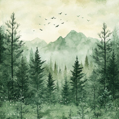 Fototapeta premium serene landscape featuring lush green trees, misty mountains, and soft sky filled with birds. watercolor style enhances tranquil atmosphere of this natural scene