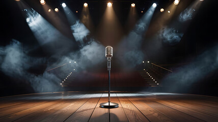 Empty stage illuminated by dramatic spotlights with swirling fog creating a moody theatrical atmosphere