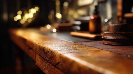 Obraz premium Vintage oak desk with warm wood grain texture, leather accessories, golden bokeh lights, shallow focus workspace, cozy office decor and branding materials. 