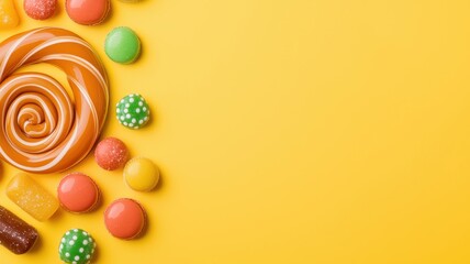 Obraz premium Vibrant caramel-covered candies displayed in a colorful arrangement, perfect for sweet treats and desserts.