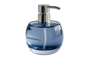 Fototapeta premium Elegant blue glass soap dispenser with a modern chrome pump isolated on a black background on transparent background