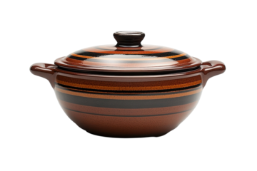 Elegant brown ceramic pot with lid rustic striped design perfect for home cooking and serving on transparent background