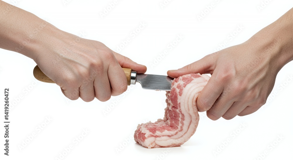 Poster Slicing Raw Bacon: Close-up of Hands Using Knife Against White Background