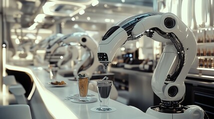 Futuristic robotic bartender serving drinks at a sleek and modern bar setting