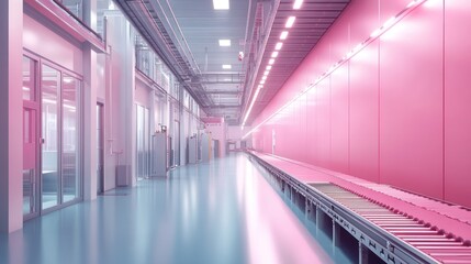 Fototapeta premium Futuristic Industrial Interior with Conveyor Belt System and Pink Lighting Design