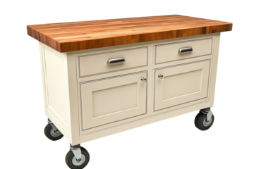Elegant cream kitchen island with butcher block top two drawers double doors and sturdy wheels on transparent background