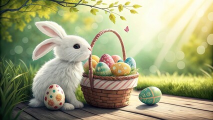A cute white rabbit sits beside a basket filled with colorful Easter eggs, surrounded by a sunny, green landscape.