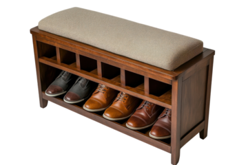 Elegant dark wood shoe bench with cushioned seat showcasing stylish men s oxfords rich brown on transparent background