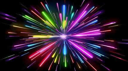 Vibrant Neon Lights Explode in a Colorful Burst: A Kinetic Light Show of Dynamic Rays and Glowing Streaks Across a Dark Background, Creating an Energetic and Hypnotic Visual Spectacle.