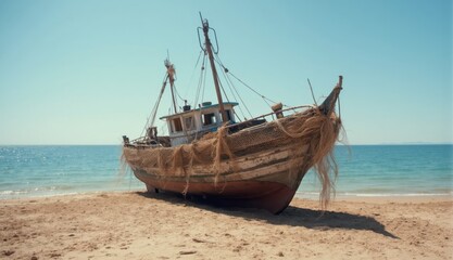 Fototapeta premium A weathered wooden fishing boat sits on sandy beach under clear blue sky, draped in aged fishing nets with the calm turquoise ocean in the background