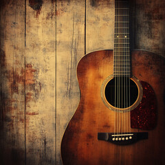 A warm, earthy background with an acoustic guitar and wooden textures. 