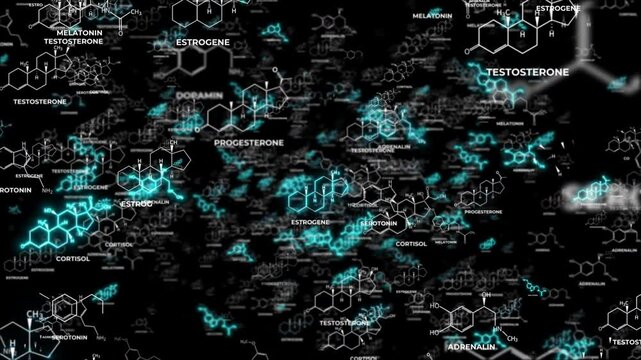 Abstract futuristic 3D animation of hormone molecule structures flying in 3D space with glowing chemical structures, depth of field effect, concept of human biology, eurochemistry and hormone balance