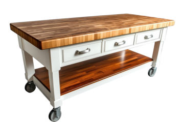 Elegant kitchen island butcher block top three drawers white frame rolling cart hardwood shelf on transparent background