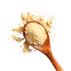 Red maca organic powder scattered in wooden spoon isolated on white, top view --v 7.0