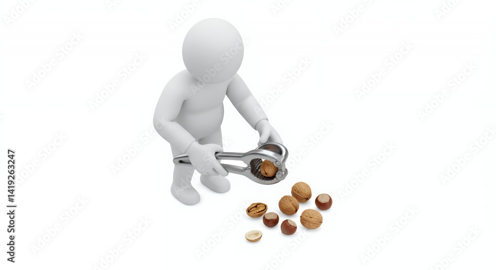 Poster white figure cracking nuts with nutcracker 3d rendering