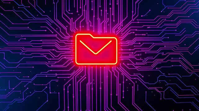Neon envelope icon surrounded by vibrant circuit patterns, symbolizing digital communication technology