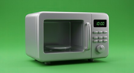 Fototapeta premium Silver microwave oven with digital display showing 1000 on green background ready for cooking food at home for convenience and fast meal preparation