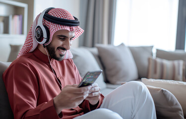 Cheerful Middle Eastern Man Enjoying Music with Headphones