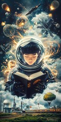 Young Astronaut Reading Book in Dreamy Space Adventure Scene