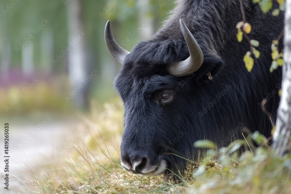 Poster yak grazing in grassy field with trees in background closeup