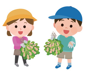 落花生狩りをする男の子と女の子　イラスト