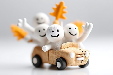 Playful Clay Figurines in Tan Car with Autumn Leaves