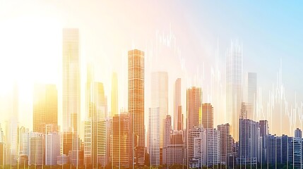 Urban skyline sunrise action cityscape photography bright environment wide angle view growth concept