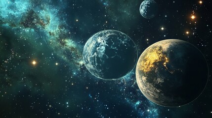 Fototapeta premium Planets in space with twinkling stars and glow