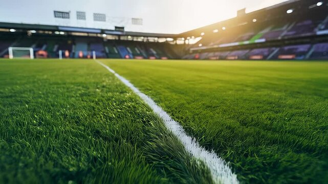 Vibrant green soccer field touchline gleaming with golden sunset light, creating serene stadium landscape capturing sports field details and natural evening atmosphere