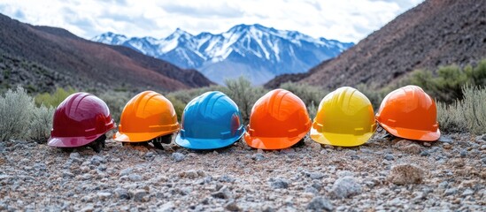 Obraz premium Colorful hard hats mountain backdrop safety